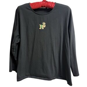 Vintage Y2K Lemon Grass Woman 2X Black Christmas Reindeer Embroidered Top Cotton